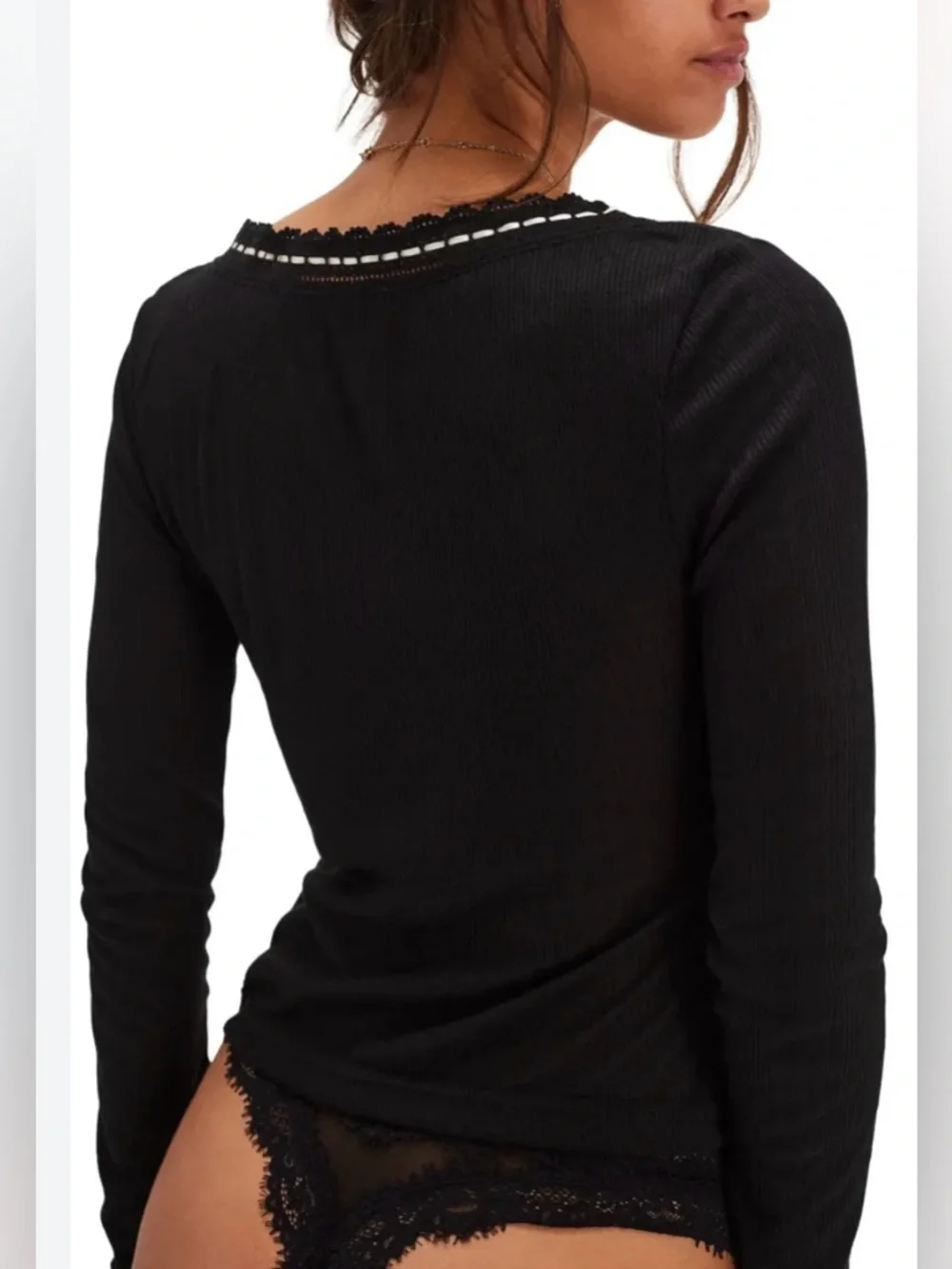 Free People Only You Long-Sleeve Navy only Ribbed Lace-Trim Top size